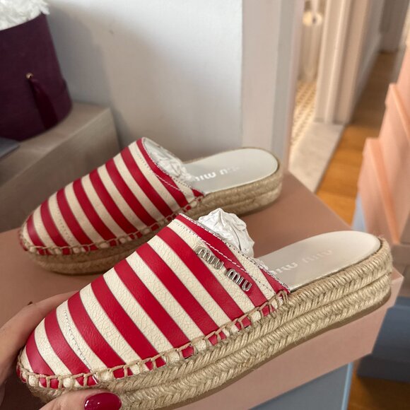 NWT Miu Miu Slip-on Espadrilles Platform Red & White Stripes Canvas Sz 36.5 - Picture 5 of 6
